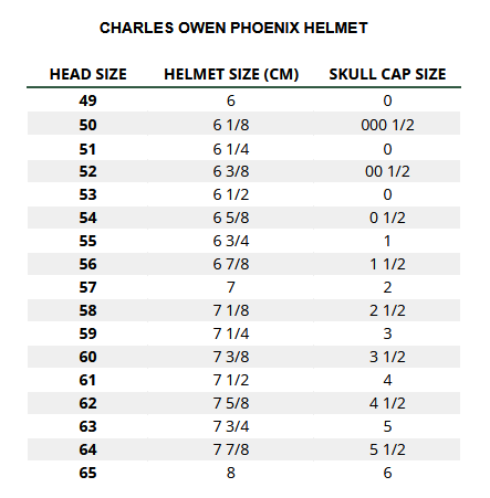 2025 Charles Owen Phoenix Helmet  Size Chart